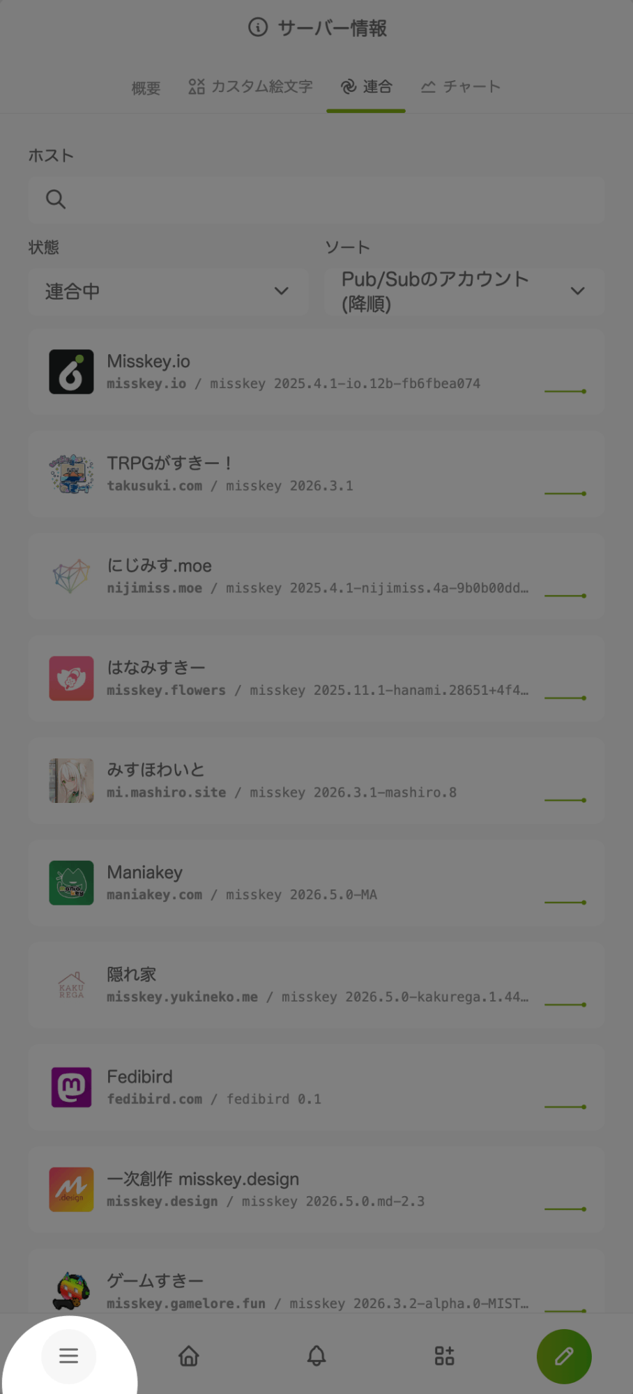 Misskeyのモバイル向け表示画面。画面下部左端のメニューアイコンが表示された画面